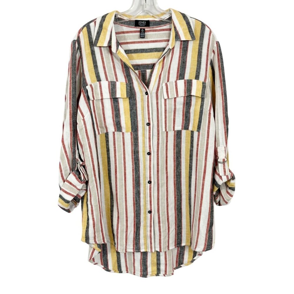 Jones New York Beige Striped‎ Linen Button Down Shirt Roll Tab Sleeves LARGE